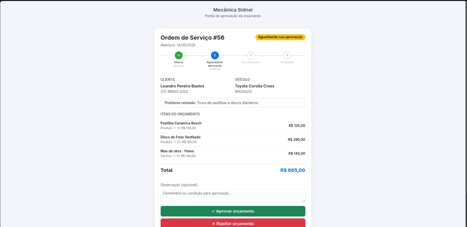 Portal de aprovação do MecaniControl aberto pelo cliente, com os itens do orçamento e os botões de aprovar e rejeitar